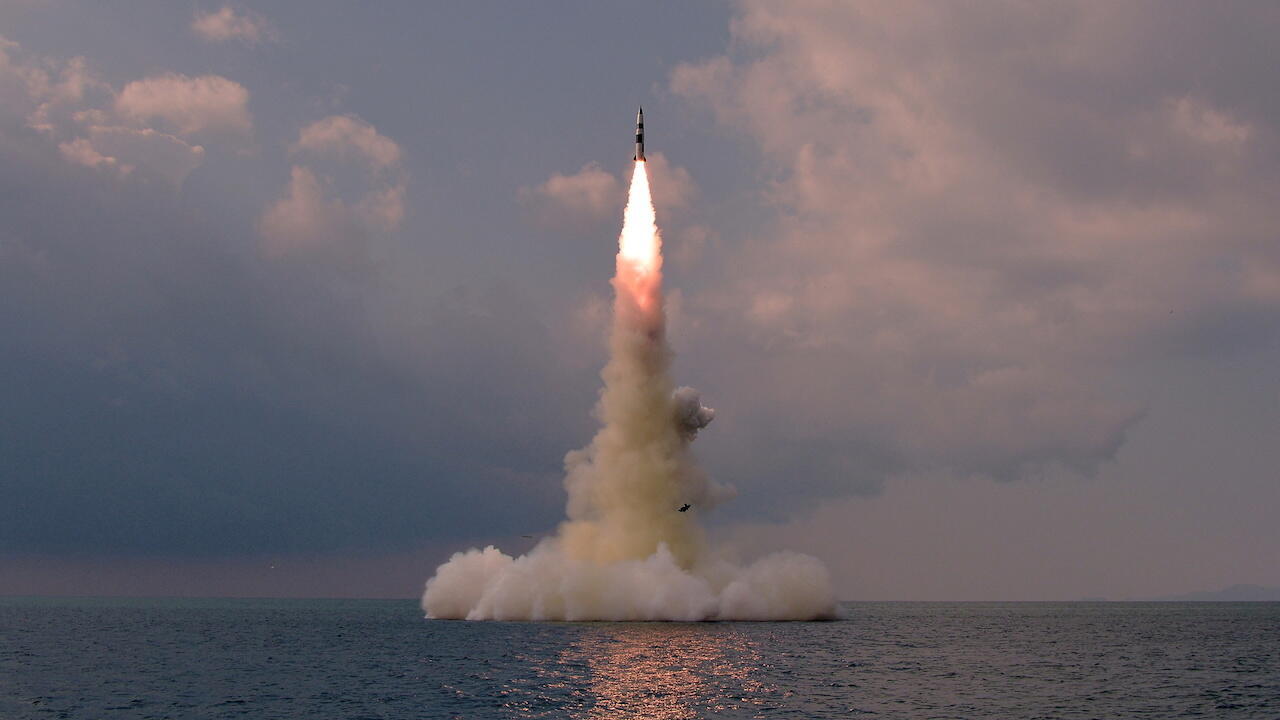 A new submarine-launched ballistic missile is seen during a test