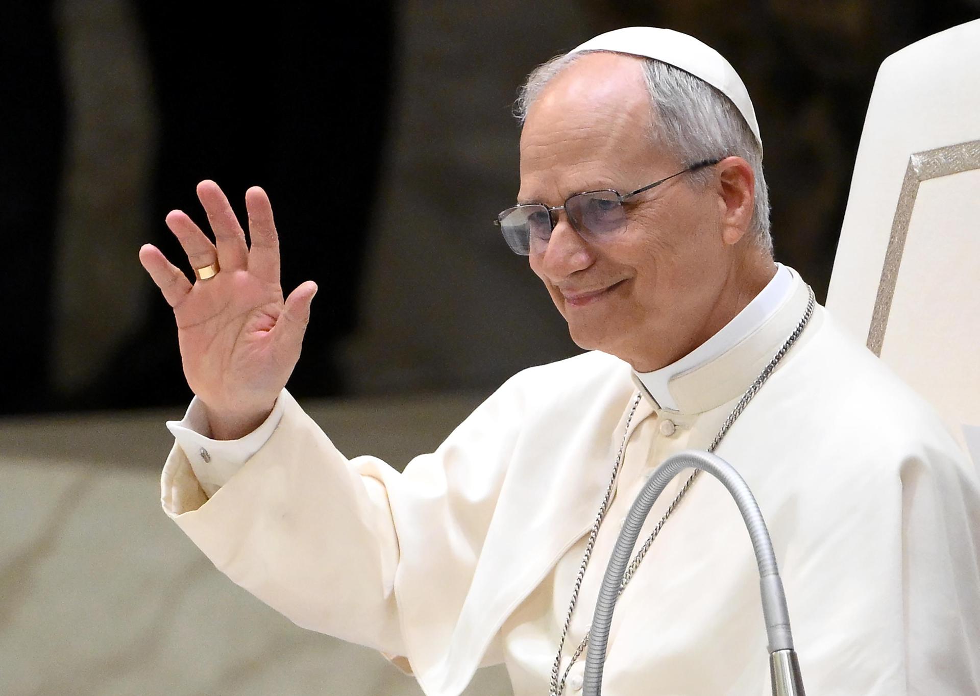 Pope Leo XIV meets members of the media at the Paul VI Hall
